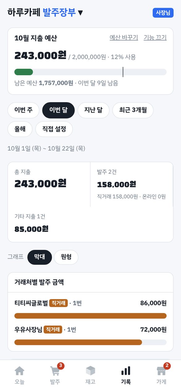 발주 기록 화면