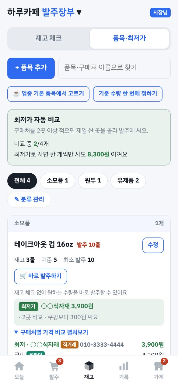 품목·최저가 화면